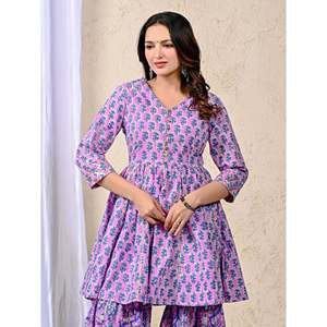 ชุดชาราร่าผ้าฝ้ายพิมพ์ลายสีม่วงสำหรับผู้หญิง ชุดลำลองสำหรับผู้หญิงพร้อมเสื้อแขนสามส่วน - Product Image 1