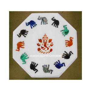 Beautiful Handmade White Marble Elephant Design and Ganesh Design Inlay <b>Work</b> <b>Table</b> Top Home Decoration Use Wholesale Price <b>Table</b> - Product Image 1