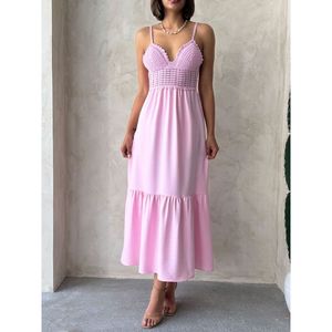 Linen <b>Strappy</b> V-Neck Full-Length <b>Dress</b> - PINK - Product Image 4
