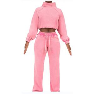 High Quality Women <b>Cropped</b> <b>Zip</b> up <b>Hoodies</b> and Sweatpants Set Custom Fleece Two Piece Tracksuit Set Women Streetwear Sweatsuits - Product Image 1