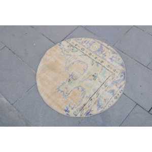 พรมวินเทจทรงกลมสไตล์ตุรกี ขนาด 2.3x2.3 ฟุต สีน้ำเงินน้ำตาลลายพราง ทำจากขนสัตว์ - Product Image 2