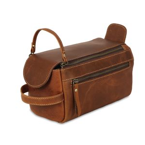 Unisex Genuine Leather Vintage Water Resistant Zipper for & Cosmetics <b>Bag</b> for Men and <b>Women</b> - Product Image 1