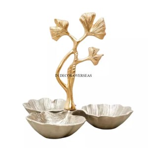 Cuencos acabados en plata de 3 compartimentos fundidos en aluminio con hojas de Gingko chapadas en oro Soporte de diseñador Suministros de decoración para el hogar y el hotel - Product Image 1