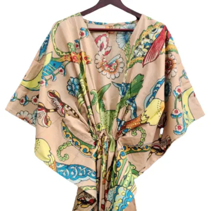 Roupa de praia bege artesanal, vestido de verão com estampa floral, roupa noturna de algodão, leve, estilo boho cafetã