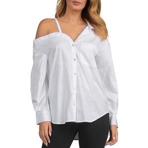 Top da donna Elan con colletto e spalle scoperte, abbottonato, in popeline bianco, tinta unita, lunghezza corta, per l'autunno, taglia XS - Product Image 1