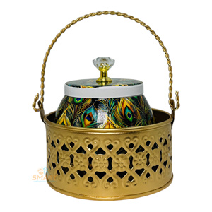 Pot à fruits secs en fer imprimé Pichwai Design avec panier décoratif Ensemble de rangement de cuisine en métal pour cadeaux et occasions de mariage - Product Image 5