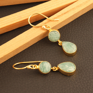 Wholesale Collection Natural Amazonite Double Stone Drop <b>Dangle</b> <b>Earrings</b> 24k <b>Gold</b> Plated Hook <b>Dangle</b> <b>Earrings</b> Present for Woman - Product Image 3