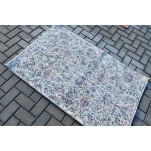 Alfombra de 3.2x4.7 pies, alfombra turca vintage, alfombra de lana azul grisácea con motivos de plantas y árboles - Product Image 4