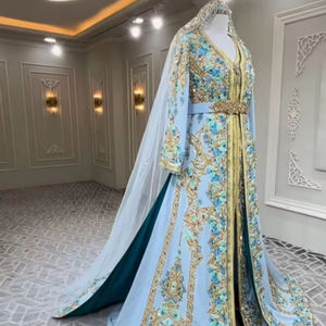 2025 @ Beautiful Embroidery with embellished Stylish Stone, Dabka, Pearls work on Sky Blue Takchita Caftan & Veil for Wedding - Product Image 1