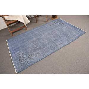 Alfombra turca vintage moderna, diseño de retazos azul y azul, tejido plano de lana de 4x6,9 pies para decoraciones de sala de estar - Product Image 2