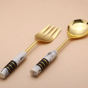 Elegante juego de cucharas de boda para servir comida, mango de esmalte blanco y negro, espejo chapado en oro, cubiertos de acero inoxidable, restaurante de mesa - Product Image 5