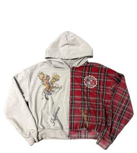 Sudadera con capucha con estampado personalizado de fabricante al por mayor, logotipo impreso a cuadros, bordado de gran tamaño, recortada, 2 tonos, chaqueta con cremallera para hombre - Product Image 1