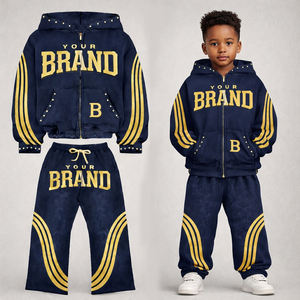 Ensemble de vêtements pour enfants, survêtement personnalisé streetwear avec strass, pantalon de survêtement surdimensionné à coupe courte, lavage à l'acide, fermeture éclair, sweat-shirt - Product Image 2