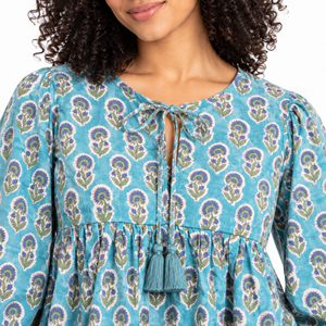 Blouse indienne à imprimé floral, style bohème décontracté, tissée, respirante, à col en V boutonné, manches bouffantes, séchage rapide, courte, pour l'automne et l'été - Product Image 6