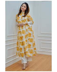 ODM/OEM Designer Été Vêtements réguliers et décontractés Pur Coton Belle imprimé fleuri A-Line Princesse Kurti Et Pantalon Ensemble - Product Image 3