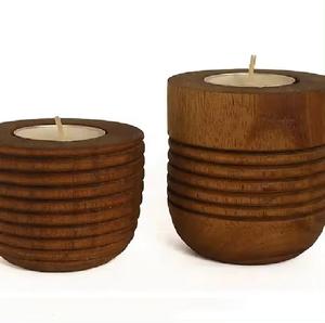Set of 2 Brown Wooden <b>Candle</b> Stand Tealight Holders Handcrafted Classical Decor for Home <b>Spa</b> Table Centerpieces - Product Image 3