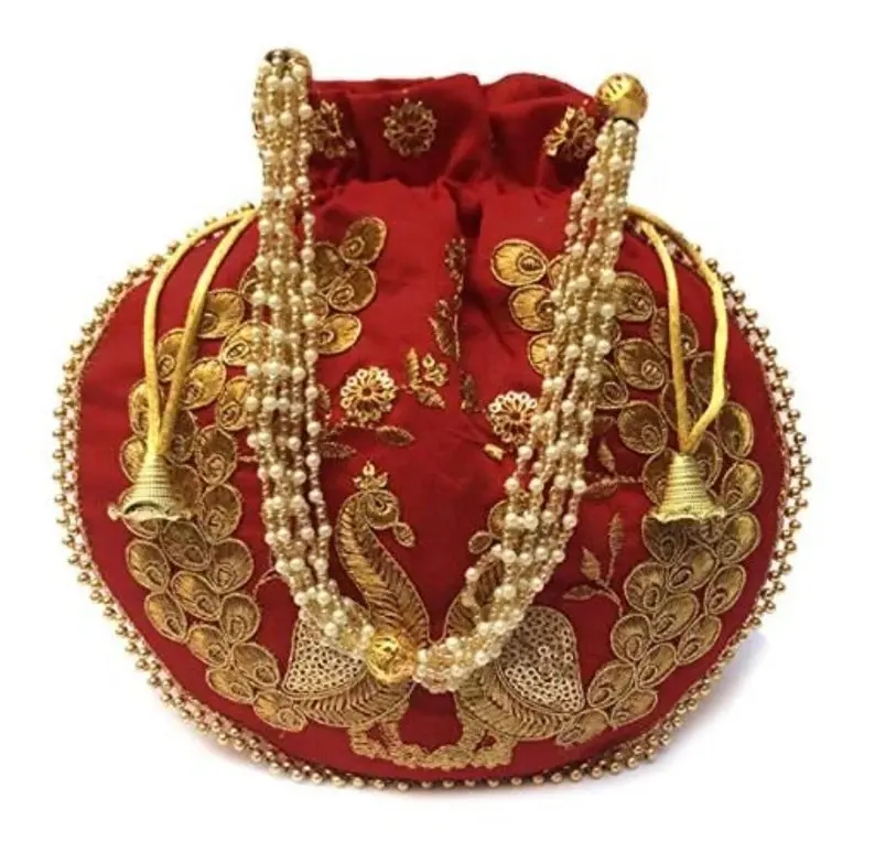 Bolso Potli para mujer con diseño de bordado dorado de pavo real Indio, bolso con cordón para regalo de devolución de recuerdo de boda