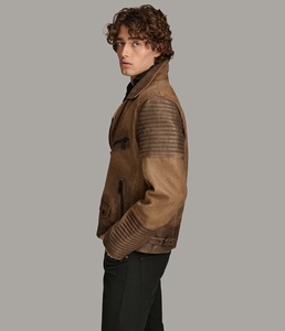 เสื้อแจ็คเก็ตมอเตอร์ไซค์ผู้ชายสีน้ำตาลสไตล์วินเทจ  แบบมีรอยขาด  บุผ้าควิลท์ที่ไหล่  สไตล์คาเฟ่เรเซอร์  หนังแกะแท้  เสื้อคลุมกันหนาว - Product Image 5