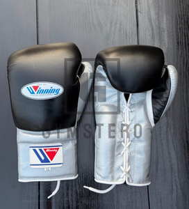 Gants de boxe sur mesure neufs, noirs/argentés, en cuir véritable, poignées professionnelles, fermeture à lacets, respirants - Product Image 3