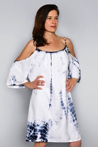 Robe courte à épaules dénudées en rayonne tie-dye pour femmes, pour les fêtes, les occasions décontractées et la plage, robe midi à manches courtes pour le plaisir à la plage - Product Image 5