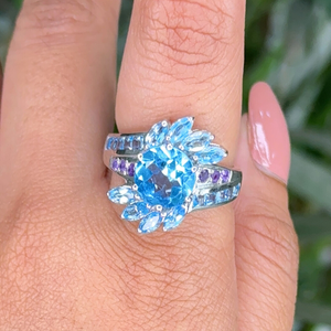 Bague de mariage de luxe style classique en argent sterling 925 pur, topaze bleue et améthyste, plaqué rhodium, finition polie, best-seller - Product Image 2