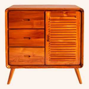 Unité de stockage en bois massif moderne du milieu du siècle meubles de maison avec tiroirs porte à lattes pour la maison salon hôpital ferme - Product Image 1