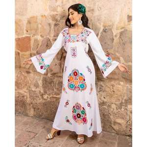 Robe longue maxi brodée de fleurs de couleur personnalisée pour femmes, col en V, manches courtes, lavable naturellement, ethnique, bohème, robe de soirée - Product Image 4