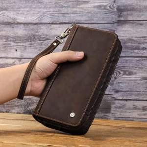 Cartera larga de cuero genuino para hombre, doble cremallera con correa para la muñeca, cartera larga para hombre, monederos para teléfono móvil - Product Image 1