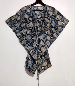 Caftan en coton léger à la mode pour femmes Robe de plage et de nuit courte à imprimé floral fait à la main avec taille naturelle - Product Image 1