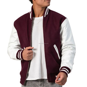 Chaqueta Varsity Unisex con Cierre, Cuerpo de Lana Melton, Mangas de Cuero, Ribete Acanalado, Forro Acolchado, Estilo Universitario Vintage, Diseño de Parches - Product Image 4