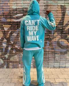 Custom Printed Acid Wash Winter Elastic Bottom Unisex Tracksuits <b>Applique</b> Embroidery Vintage Sun Faded Raw Hem Flared Hoodie Set - Product Image 4