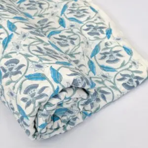 Turquoise Blue Teal Green Dark Steel Grey Indian Floral Hand Block Printed Pure Cotton Cloth Fabric Bed Sheet Cotton Fabric