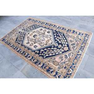 Alfombra Turca Vintage, Alfombra de 4.2x6.46 pies, Alfombra con Borde Azul - Product Image 2