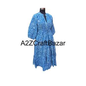 Robe mi-longue décontractée pour femme Himanshi, faite à la main, respirante, ample, à motif floral, manches longues, taille naturelle, tissu 100% coton - Product Image 5