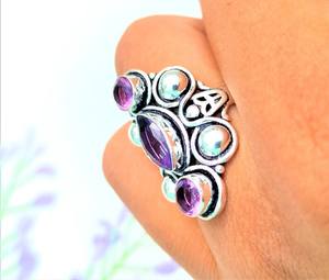 925 Sterling Silver Oval Cut Bezel Setting Amethyst Ring Unique Boho Style Gemstone Jewelry for Wedding and Party - Product Image 3