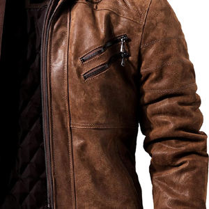 Chaqueta de cuero cortavientos personalizada de diseño original Chaqueta de cuero genuino de alta calidad de invierno con cuello polar marrón vintage - Product Image 3