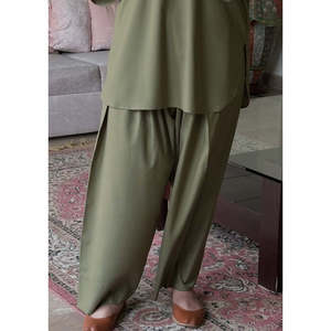 Modest Olive Green V-neck Three Quarter Sleeve Woven Fabric Shalwar Kameez <b>Suit</b> for Women - Product Image 4