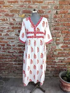 เดรสยาวพิมพ์ลายบล็อกทำจากผ้าฝ้ายอินเดียเดรสผ้าฝ้ายอินเดีย - Product Image 2