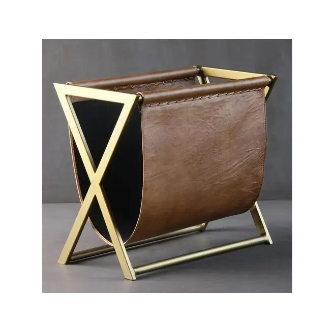 Magazine Rack - Tan Real Leather Basket- Gold Frame Metal and Leather Magazine rack for Office & Home Decor Magazine Organizer