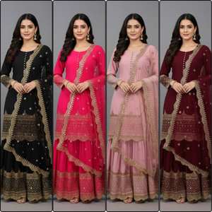 Conjunto de Top Sharara y Dupatta, Estilo Vintage, de Verano, en Georgette con Bordado de Lentejuelas de 5 mm, Cintura Natural, Largo hasta la Rodilla - Product Image 6