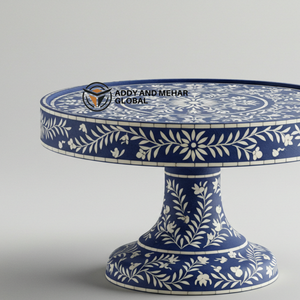 Support à gâteau de luxe en incrustation d'os bleu fabriqué à la main assiette à dessert sur pied en feuille florale - Product Image 2