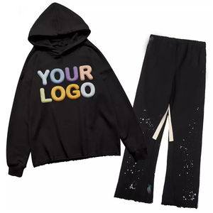 Conjunto Deportivo de Invierno Personalizado al por Mayor, Sudadera con Capucha de Estilo Urbano con Dobladillo sin Rematar y Pantalones Deportivos con Corte Acampanado, Pantalones Deportivos con Estampado de Salpicaduras - Product Image 3