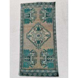 Alfombra Turca Vintage de 1.6x3.2 pies, Alfombra Pequeña, Alfombra de Lana Azul - Product Image 1