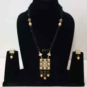 Conjunto de joyería fina-Colgante Kundan de piedra de cuentas negras con pendientes chapados en oro para regalos de bodas con diamante de perla de circón - Product Image 2