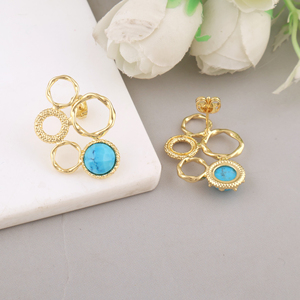 Elegant collection sky blue turquoise <b>drop</b> earring solid brass gold plated round texture prong setting fashion jewelry earring - Product Image 4