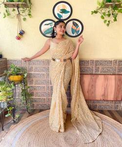 Prêt à porter broderie traditionnelle travail Banarasi Khadi Sari soie fête indienne vêtements de mariage dames prix de gros Net tissu - Product Image 6