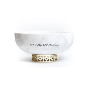 Heavy Duty Metal Chapado en oro Diseñador único Base Vajilla Tazón Mesa Mármol blanco Tazón de forma redonda para uso de fiesta de restaurante - Product Image 2