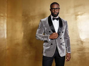 Traje de Etiqueta Gris de Terciopelo para Hombre, con Doble Botonadura y Solapa de Satén Negro, Traje de Novio para Boda - Product Image 1