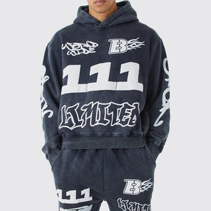 Wholesale Men's Regular Fit Hooded Casual Customized Track Suit Eco-Friendly Acid Wash Cotton Solid Screen Printed Pockets - Product Image 3