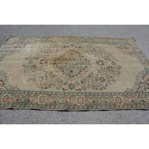 Alfombra turca vintage clásica beige verde 5,8x9,3 pies de lana de retazos de área grande con respaldo de látex para pasillo o dormitorio - Product Image 3